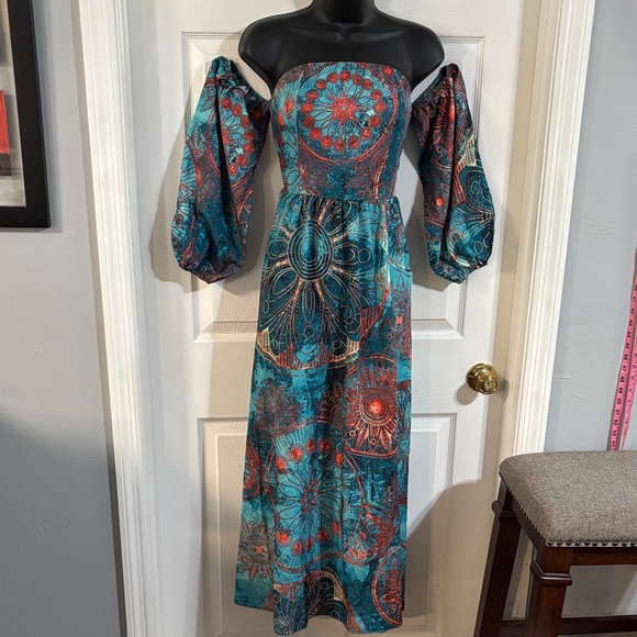 Cupshe Dresses & Skirts - Cupshe teal blue & orange off the shoulder maxi dress, size small, NWT.